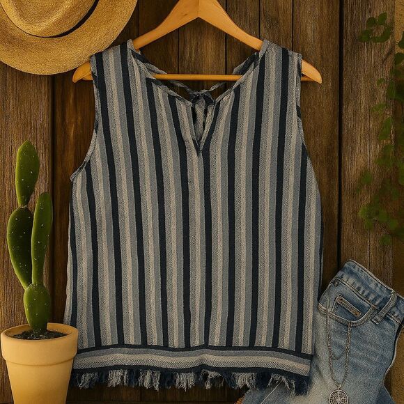 Chelsea & Theodore Linen Blend Striped Tank – Frayed Hem, Boho Summer Style Sz M - Picture 3 of 4